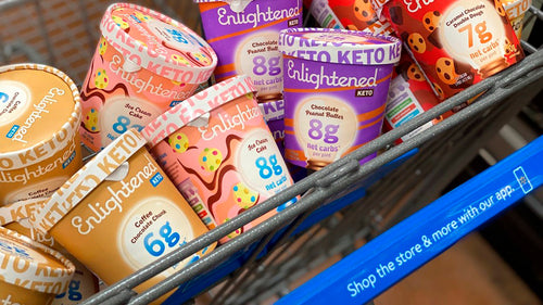 Pint containers of Enlightened- The Good-For-You Ice Cream brand ice cream  in a supermarket freezer in New York on Friday, November 3, 2017.  Enlightened is one of several ice cream brands that