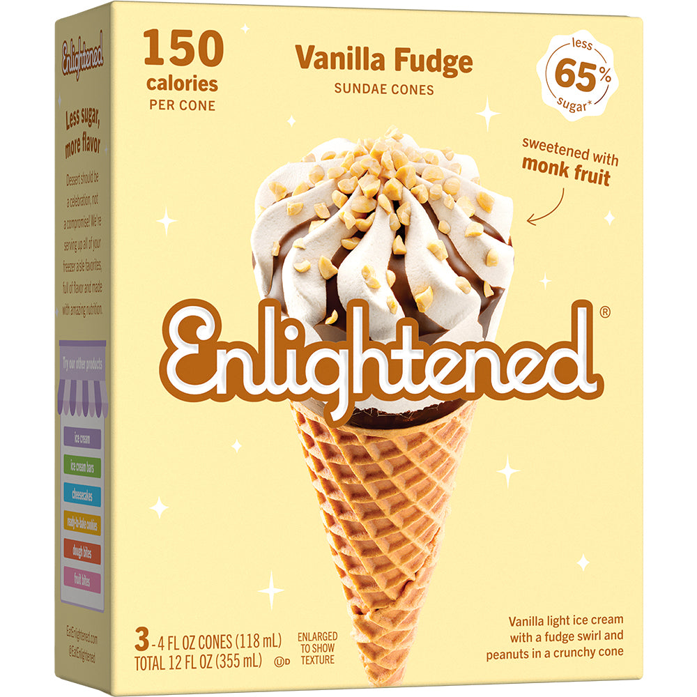 Enlightened Sundae Cones, Vanilla Fudge - 3 pack, 4 fl oz cones