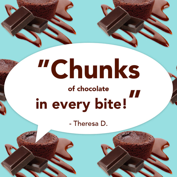 Text reading "'Chunks of chocolate in every bite!' - Theresa D." over a background of chocolate, brownie bites, and chocolate syrup